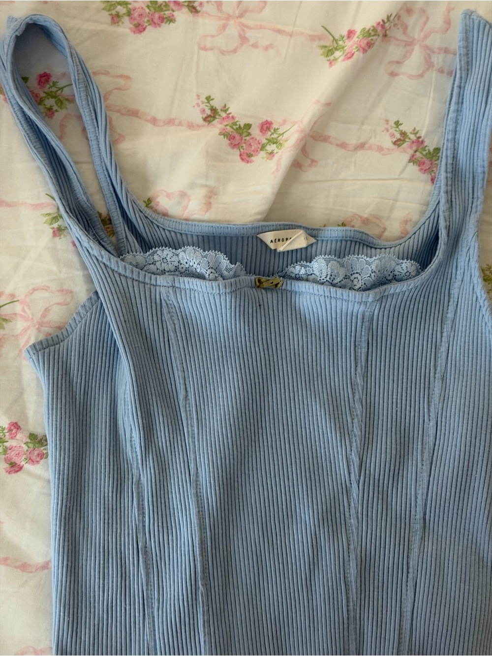 Aeropostale Light Blue Ribbed Tank with Lace Trim